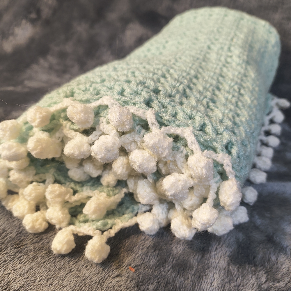 Mint Green Crochet Blanket with Pom Poms For Baby